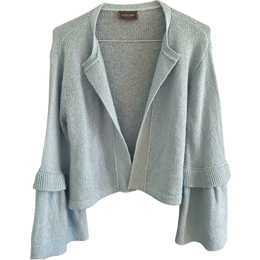 Wooden Ships Lightweight Knit Open Cardigan Bell Sleeves Boho Coastal Light Blue